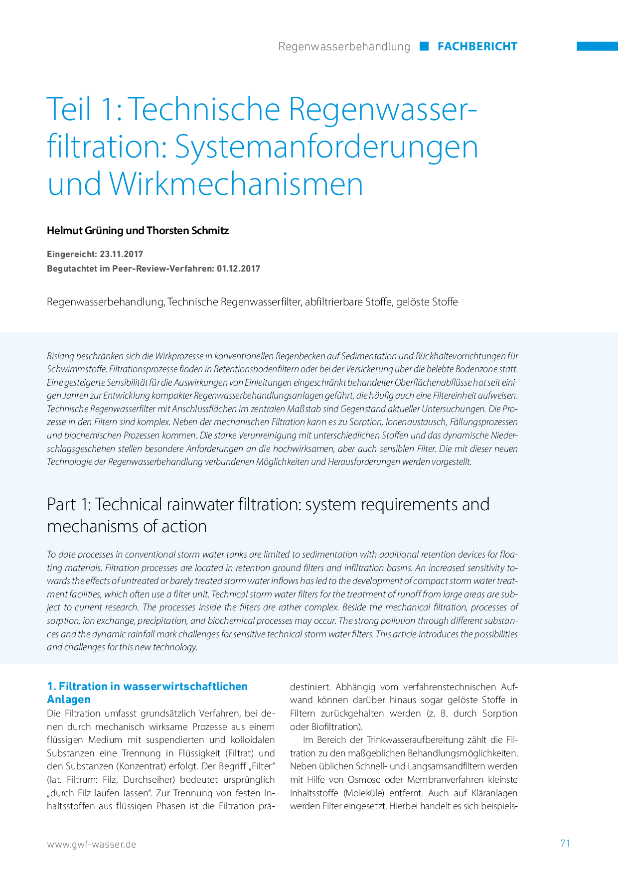 Teil 1: Technische Regenwasserfiltration: Systemanforderungen und Wirkmechanismen