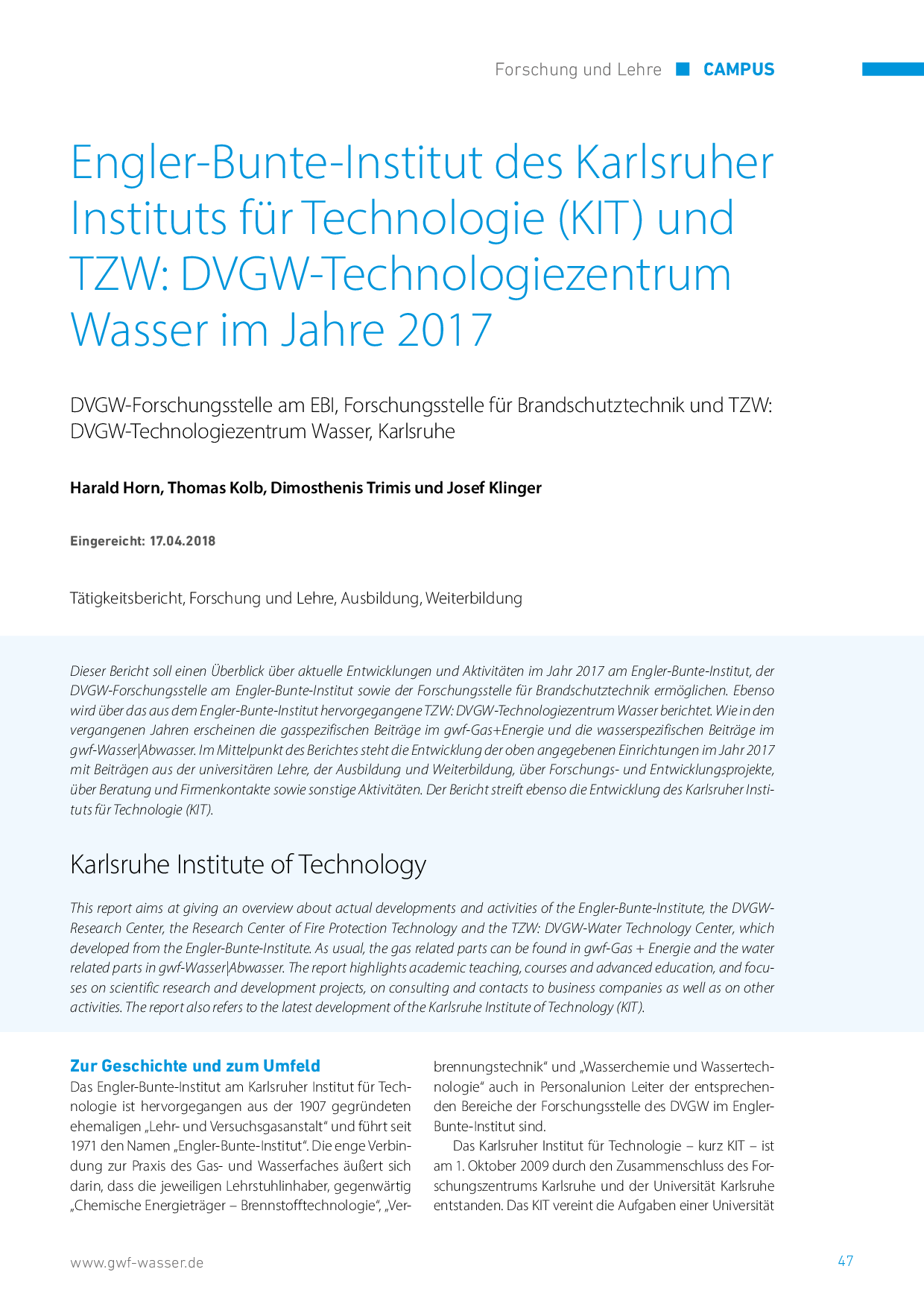 Engler-Bunte-Institut des Karlsruher Instituts für Technologie (KIT) und TZW: DVGW-Technologiezentrum Wasser im Jahre 2017
