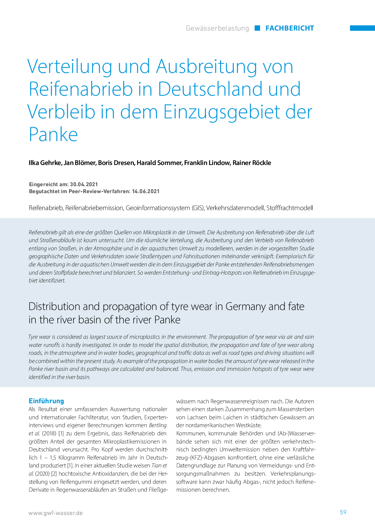 Verteilung und Ausbreitung von Reifenabrieb in Deutschland und Verbleib in dem Einzugsgebiet der Panke