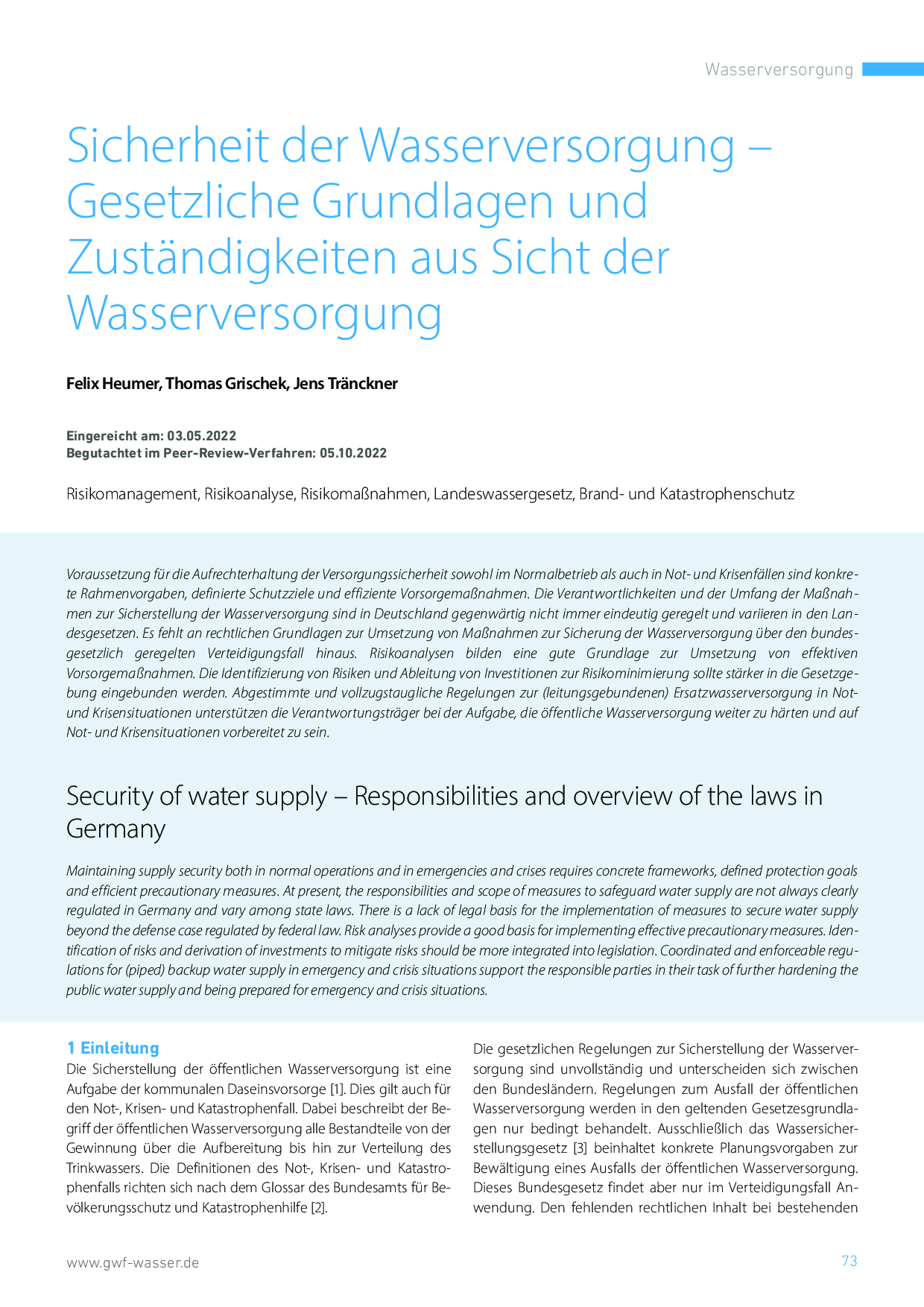 Sicherheit der Wasserversorgung – Gesetzliche Grundlagen und Zuständigkeiten aus Sicht der Wasserversorgung