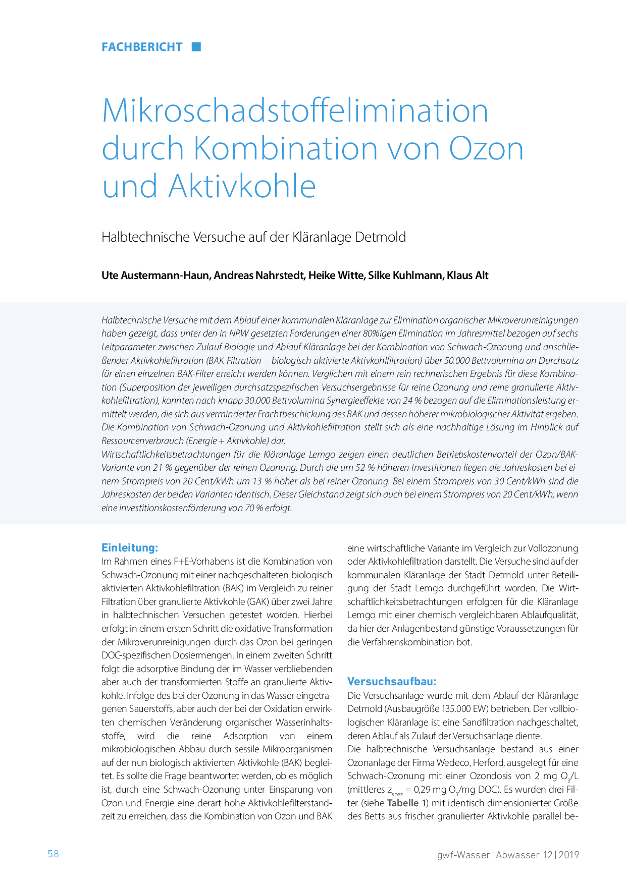 Mikroschadstoffelimination durch Kombination von Ozon und Aktivkohle