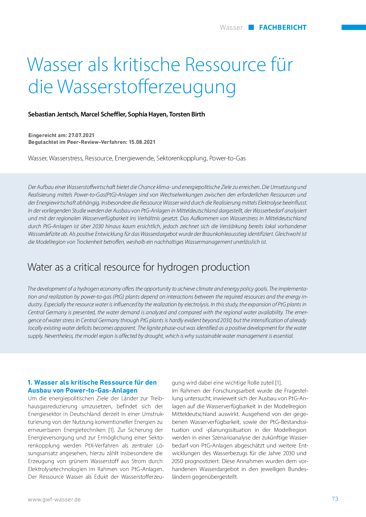 Wasser als kritische Ressource für die Wasserstofferzeugung