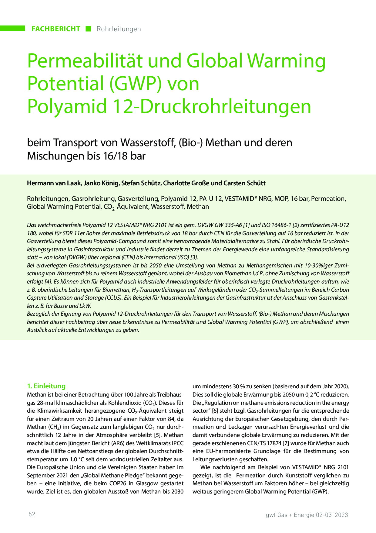 Permeabilität und Global Warming Potential (GWP) von Polyamid 12-Druckrohrleitungen