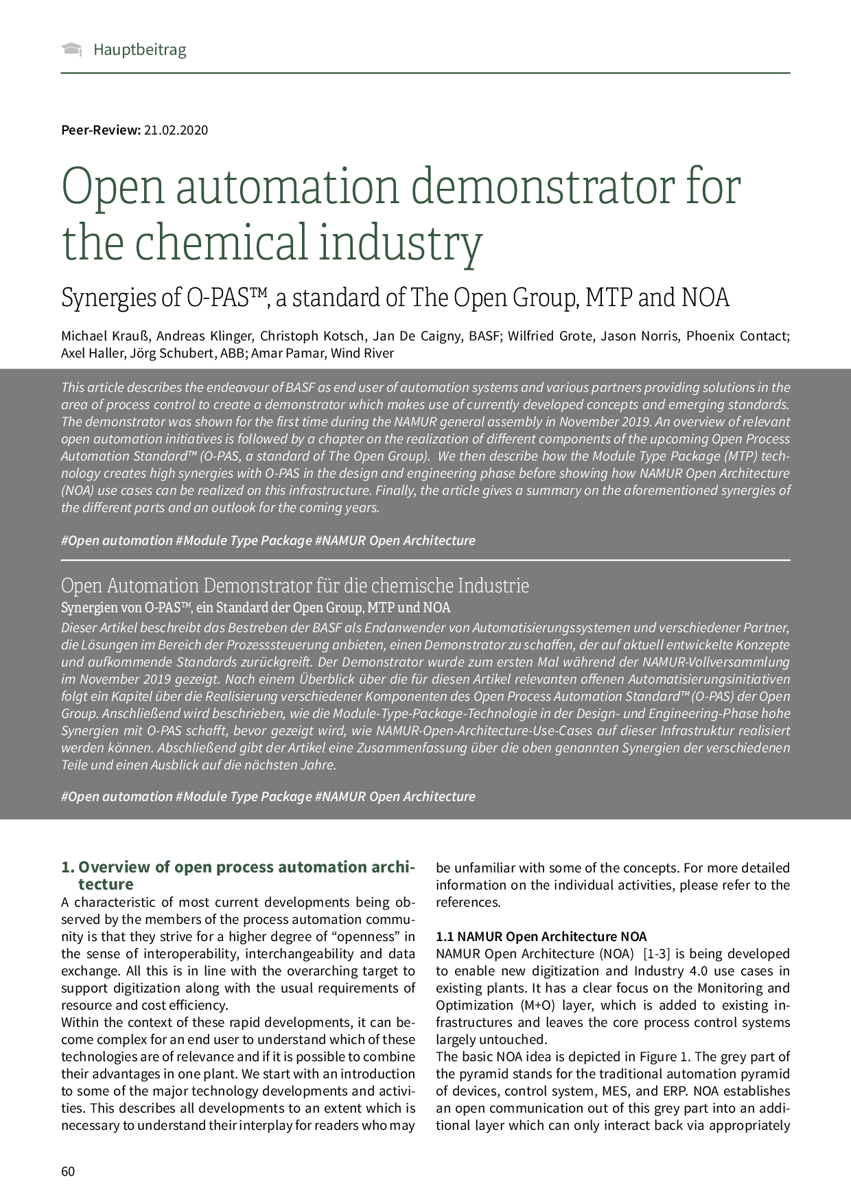 Open automation demonstrator for the chemical industry