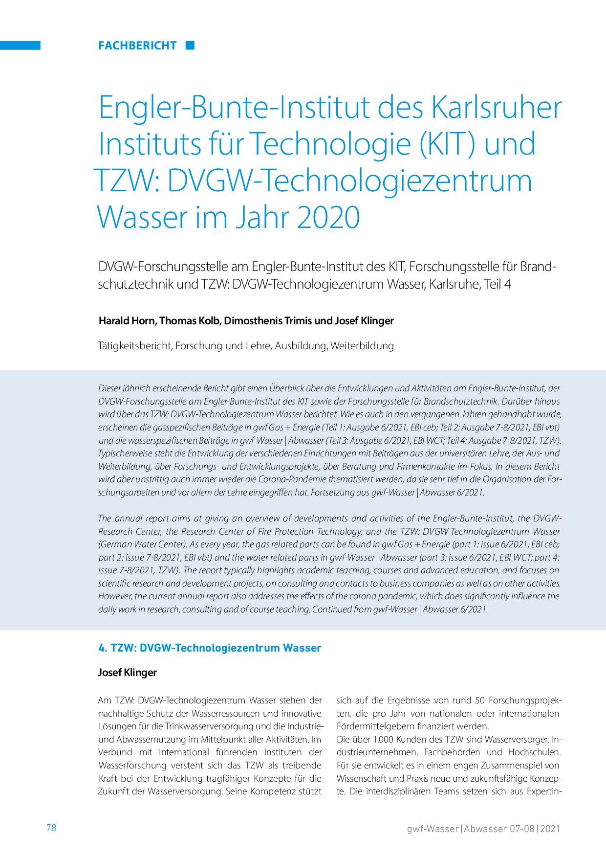 Engler-Bunte-Institut des Karlsruher Instituts für Technologie (KIT) und TZW: DVGW-Technologiezentrum Wasser im Jahr 2020