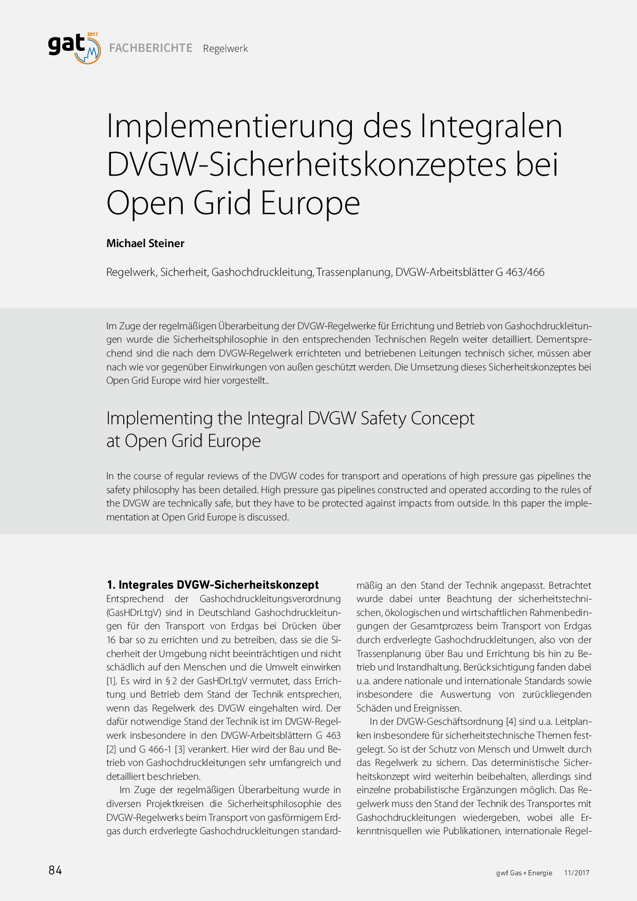 Implementierung des Integralen DVGW-Sicherheitskonzeptes bei Open Grid Europe