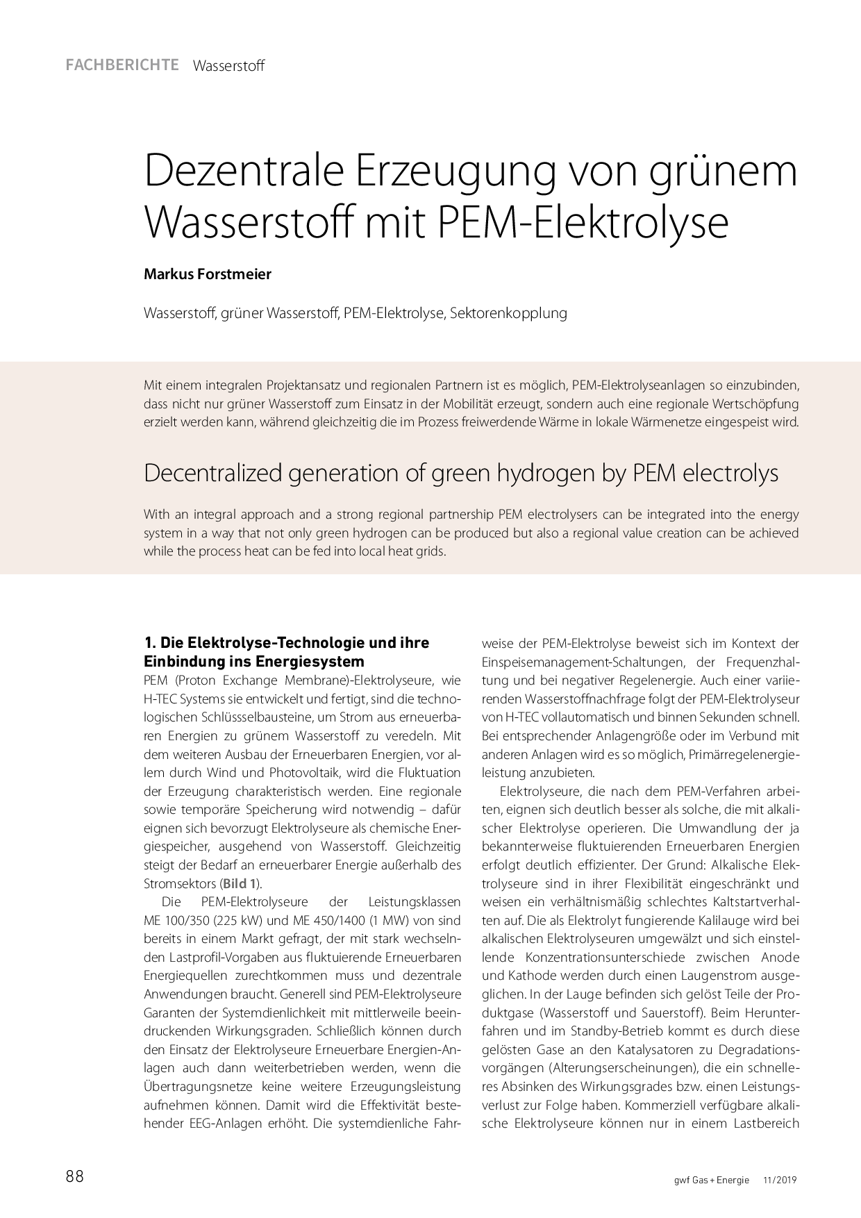 Dezentrale Erzeugung von grünem Wasserstoff mit PEM-Elektrolyse