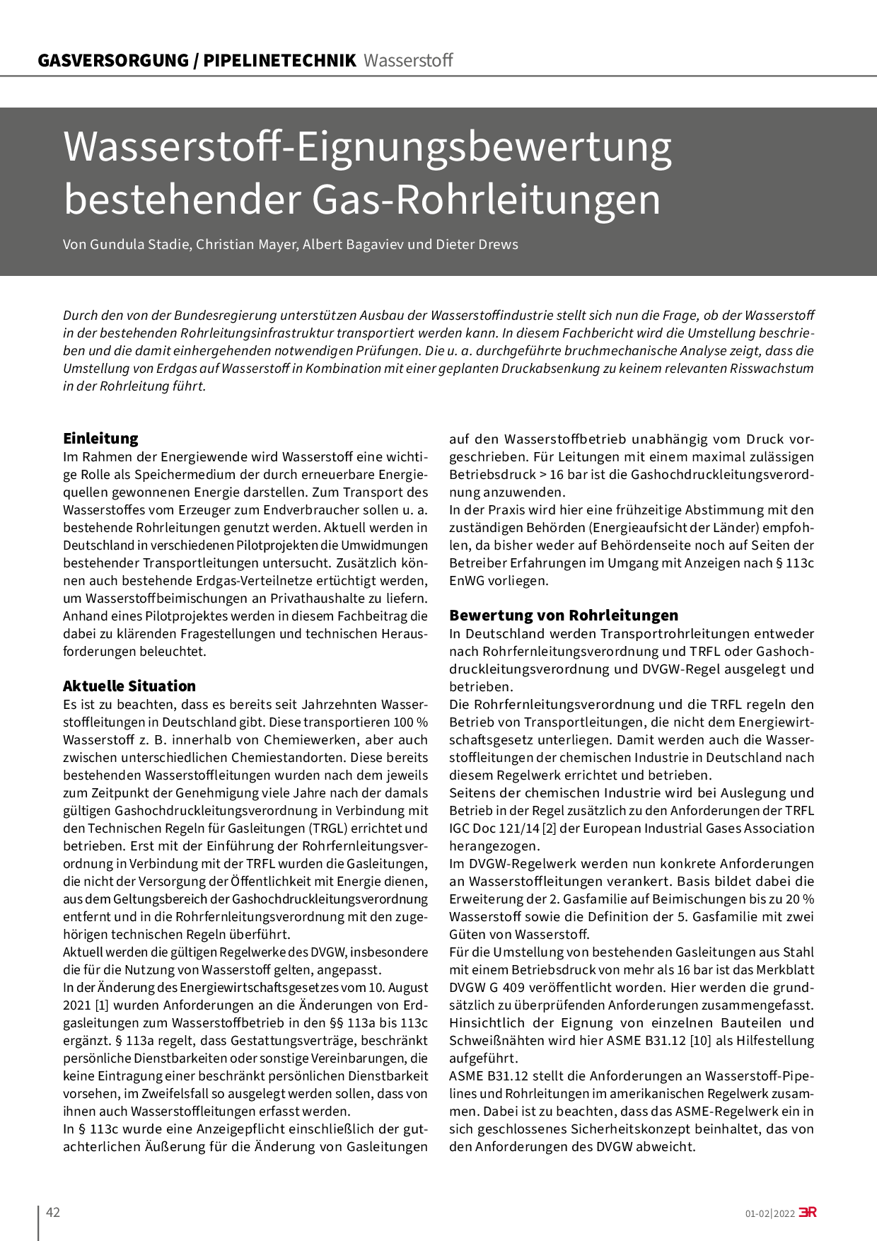 Wasserstoff-Eignungsbewertung bestehender Gas-Rohrleitungen
