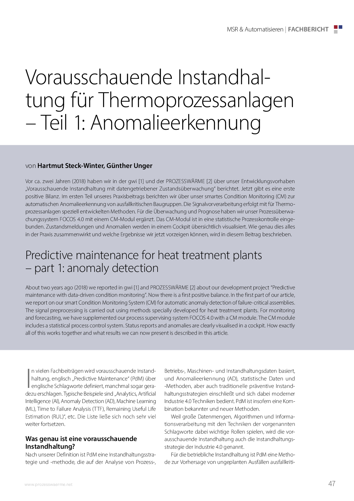 Vorausschauende Instandhaltung für Thermoprozessanlagen – Teil 1: Anomalieerkennung