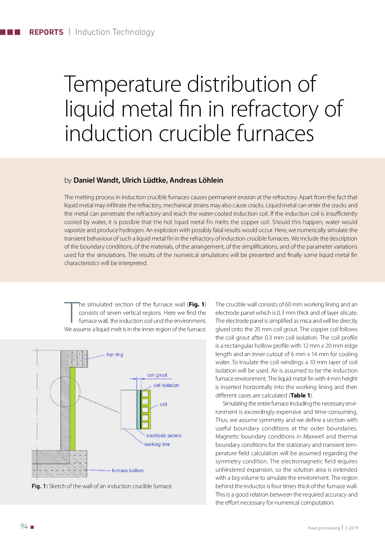 Temperature distribution of liquid metal fin in refractory of induction crucible furnaces