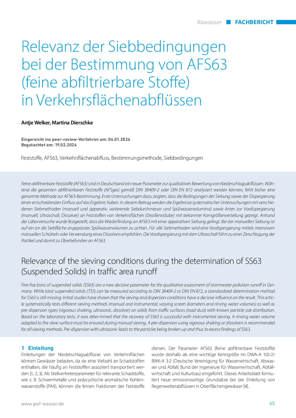 Relevanz der Siebbedingungen bei der Bestimmung von AFS63 (feine abfiltrierbare Stoffe) in Verkehrsflächenabflüssen