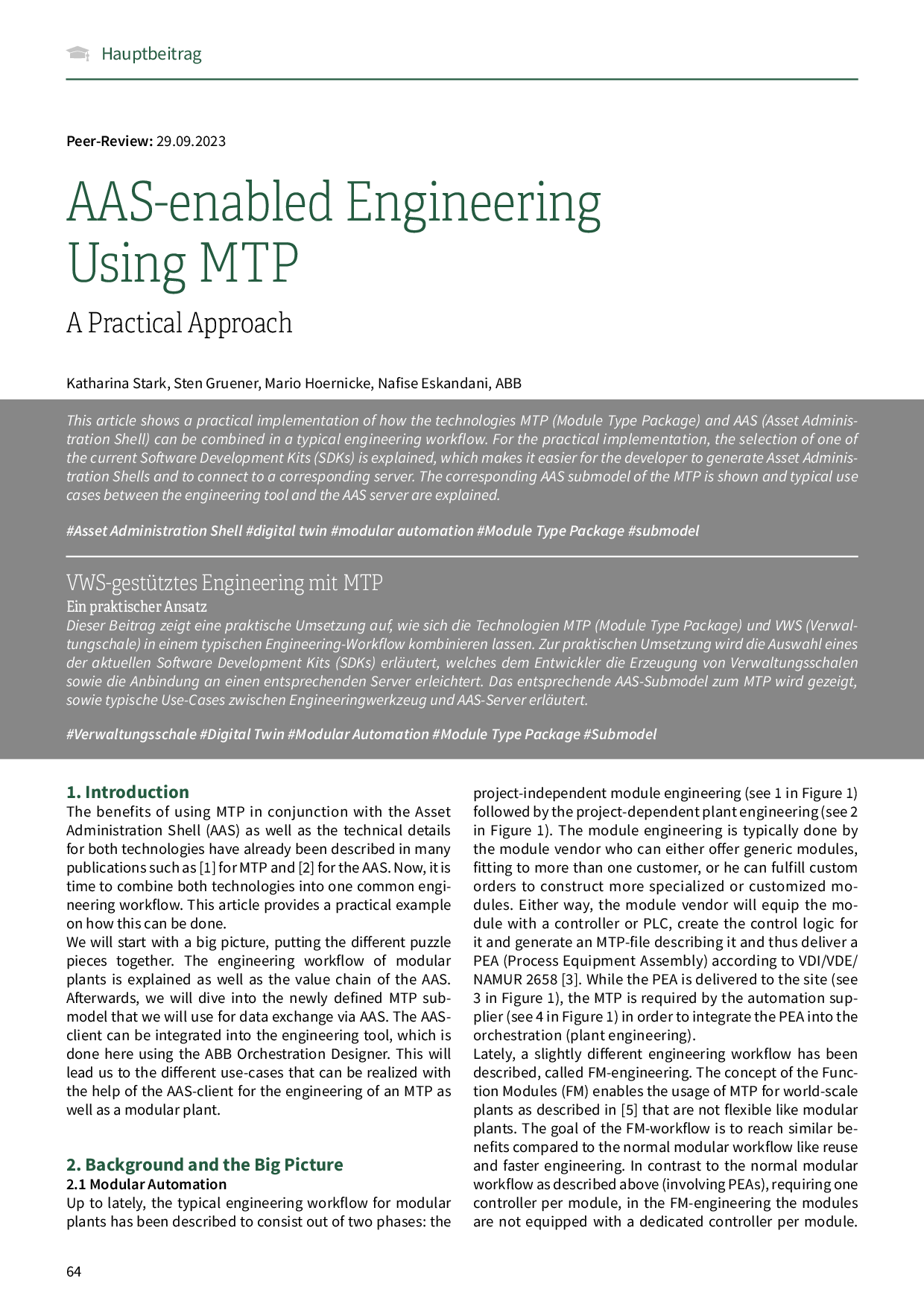 AAS-enabled Engineering Using MTP
