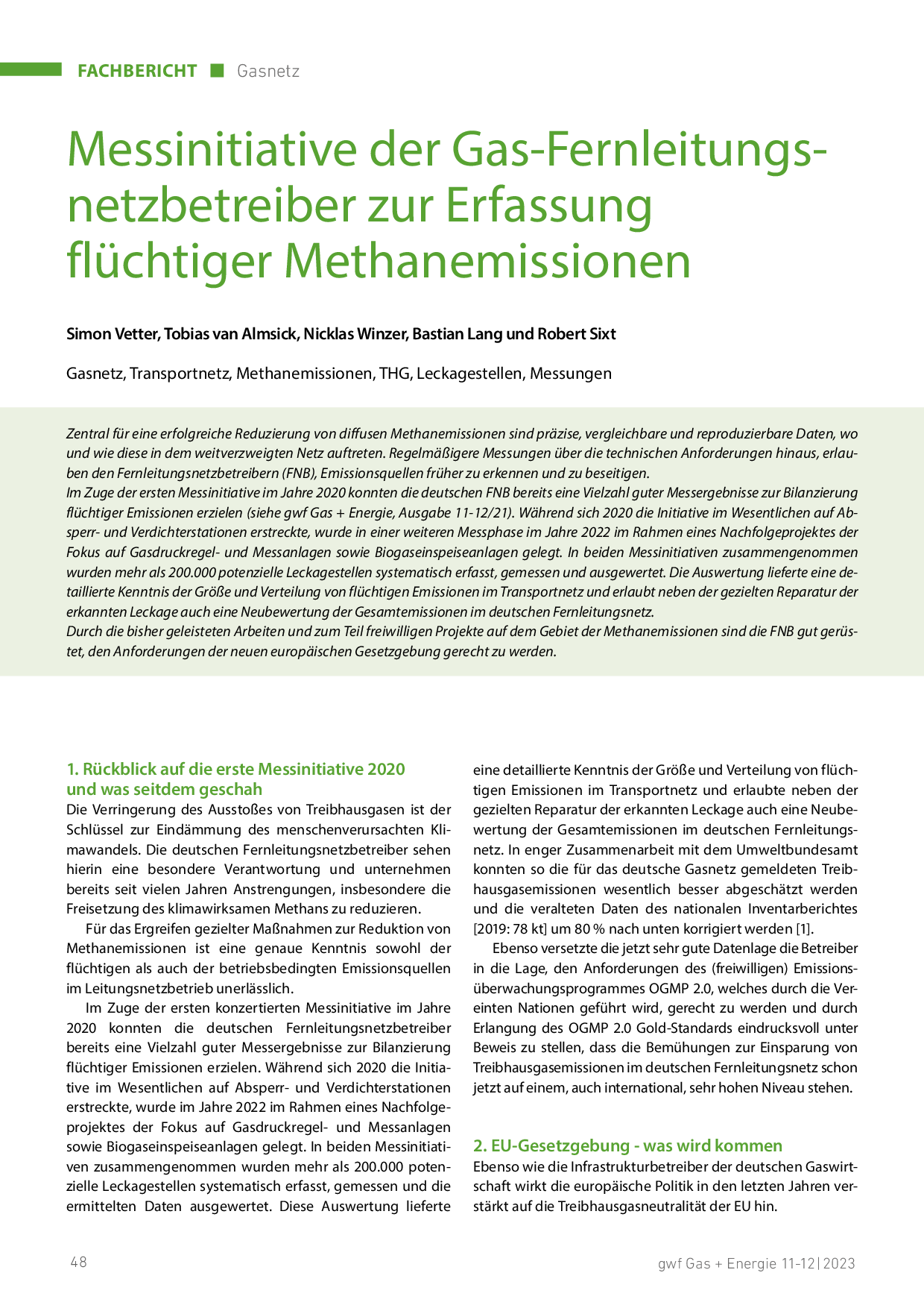 Messinitiative der Gas-Fernleitungsnetzbetreiber zur Erfassung flüchtiger Methanemissionen
