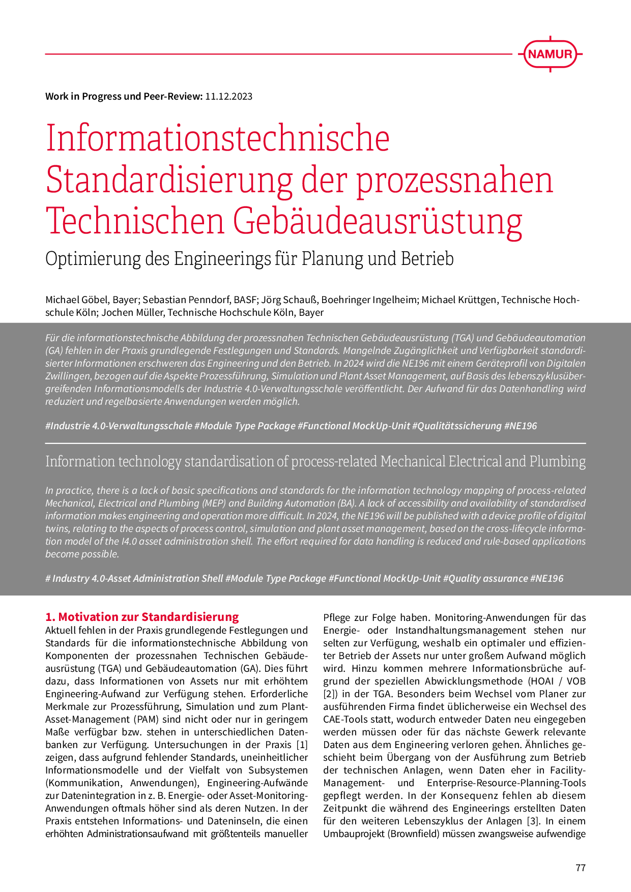 Informationstechnische Standardisierung der prozessnahen Technischen Gebäudeausrüstung