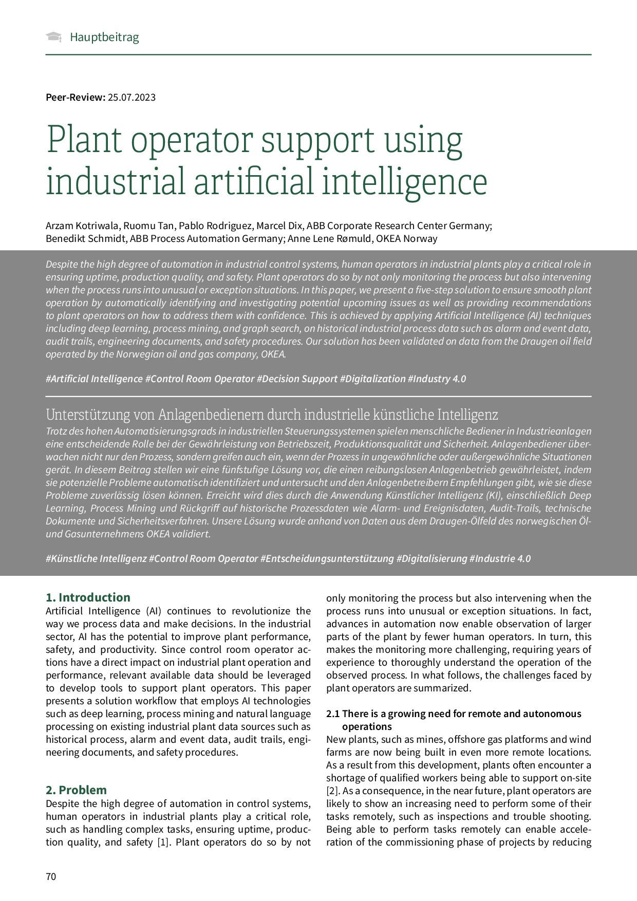Plant operator support using industrial artificial intelligence