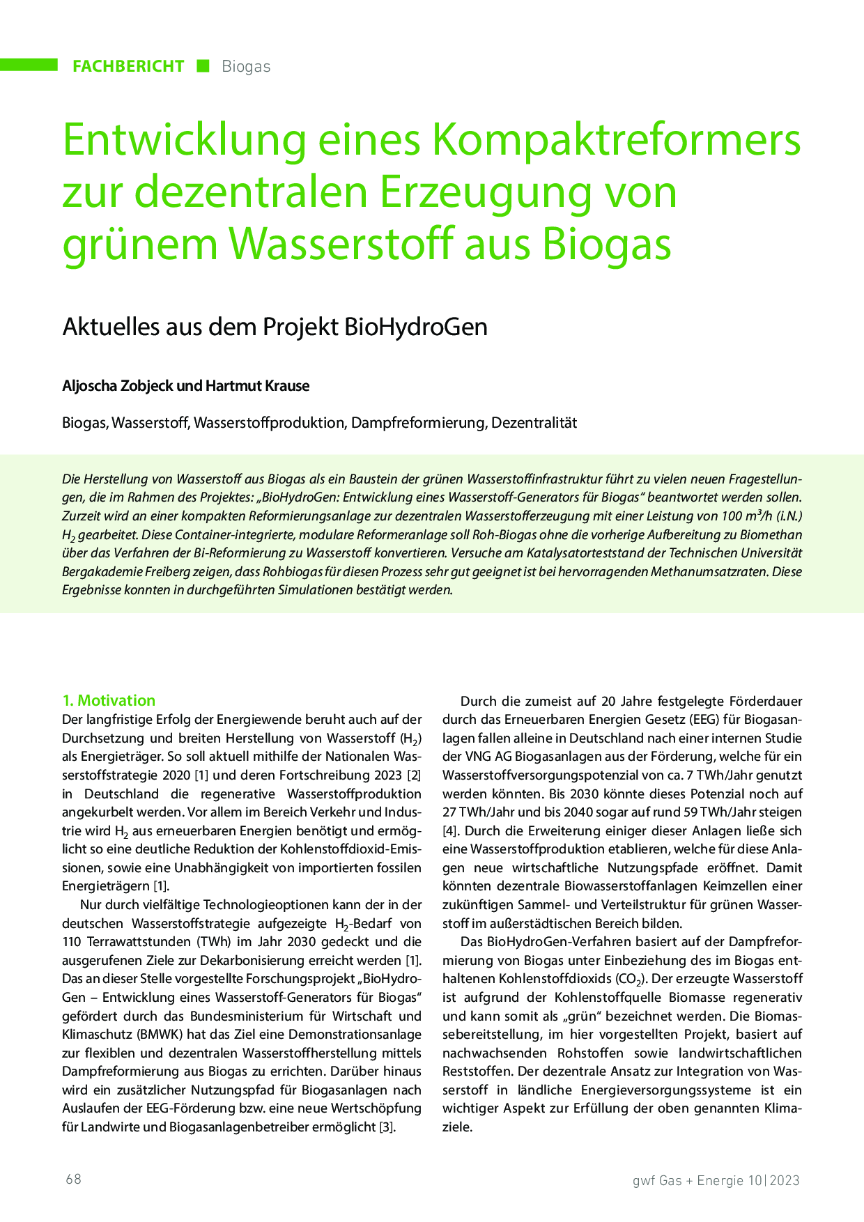 Entwicklung eines Kompaktreformers zur dezentralen Erzeugung von grünem Wasserstoff aus Biogas