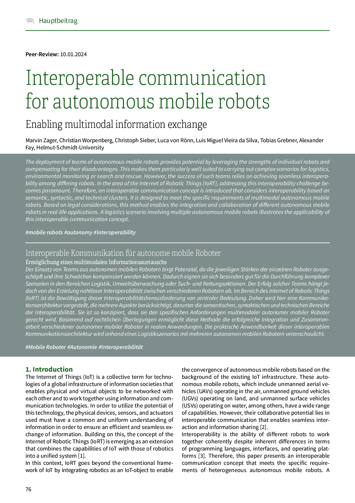 Interoperable communication for autonomous mobile robots