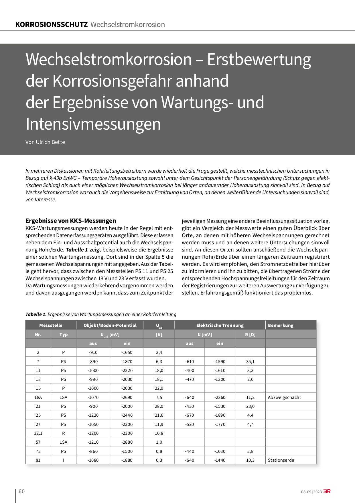 Wechselstromkorrosion – Erstbewertung der Korrosionsgefahr anhand der Ergebnisse von Wartungs- und Intensivmessungen